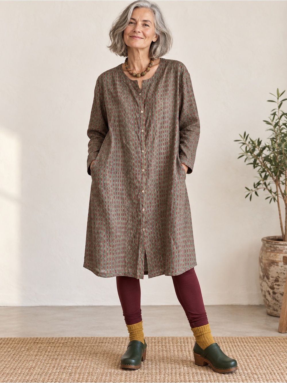 Gudrun Sjoden Organic Cotton Gray Maroon Tunic Dress L Pockets